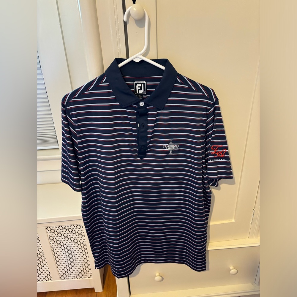 FootJoy Polo; Color: Navy w/ Blue & Red Stripes ; Size: Med./Athletic Fit
